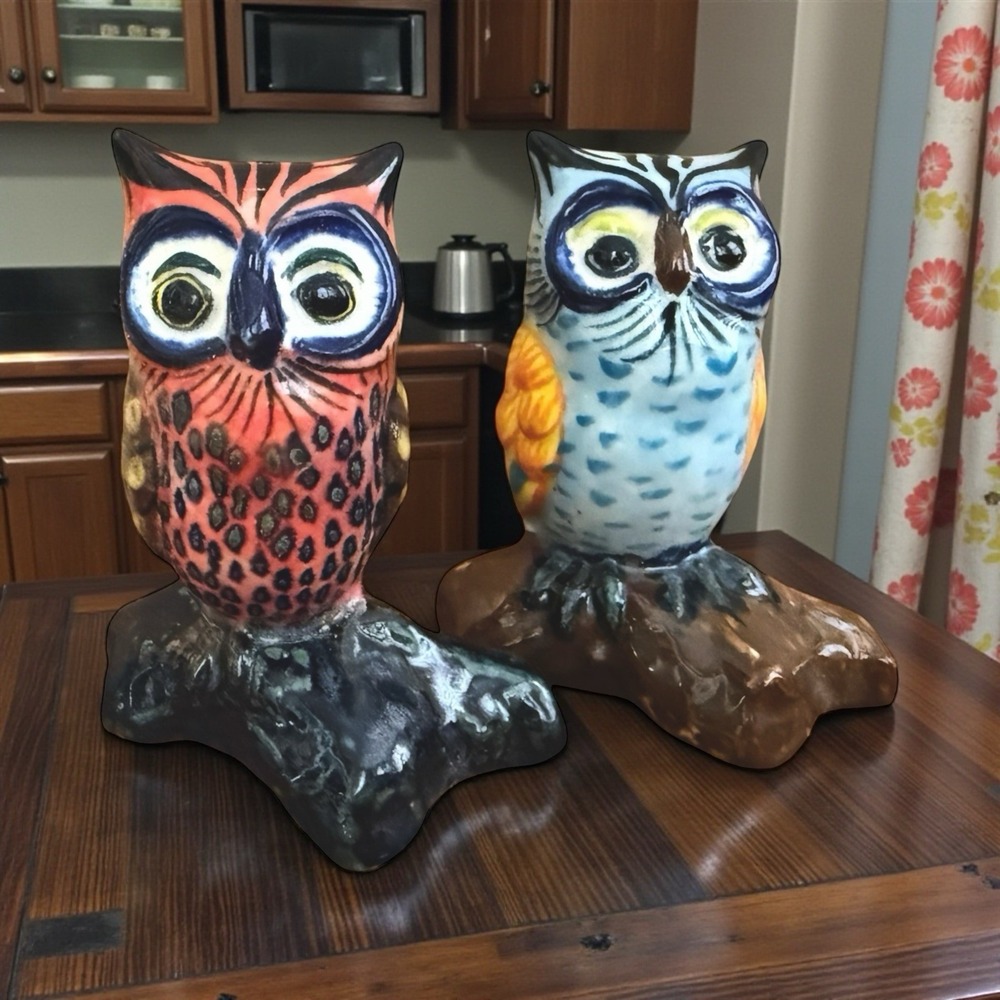 Pair of Vintage Owl Handpainted Mexican Pottery Salt & Pepper  3.5" Blue Eyes